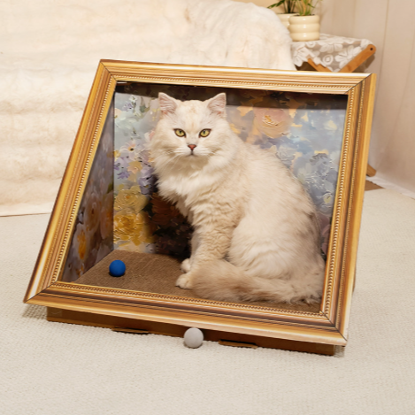 White cat inside a decorative frame with a floral background