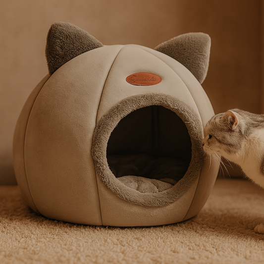 Cat-shaped pet bed with a cat peeking inside, branded 'Catatouille'.